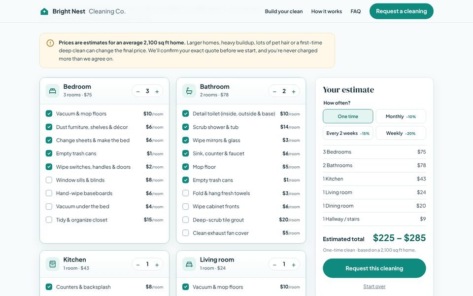 Preview of the cleaning-service template: room cards with checkable services and a live price estimate