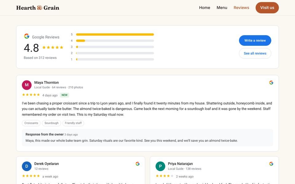 Preview of the multi-page template: a reviews page with a star-rating summary and customer review cards