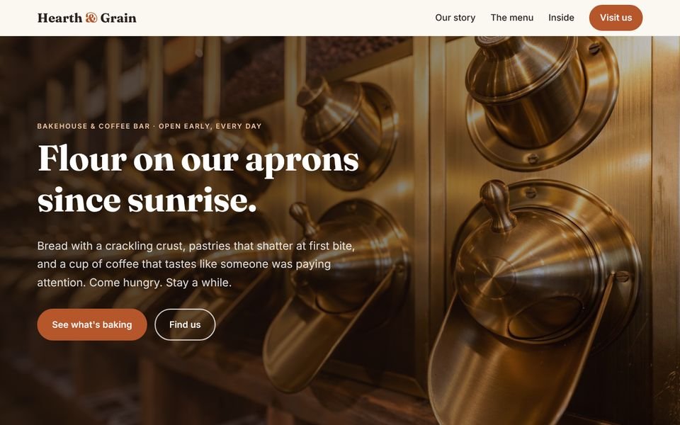 Preview of the one-page template: a bakery homepage with a full-width photo and headline